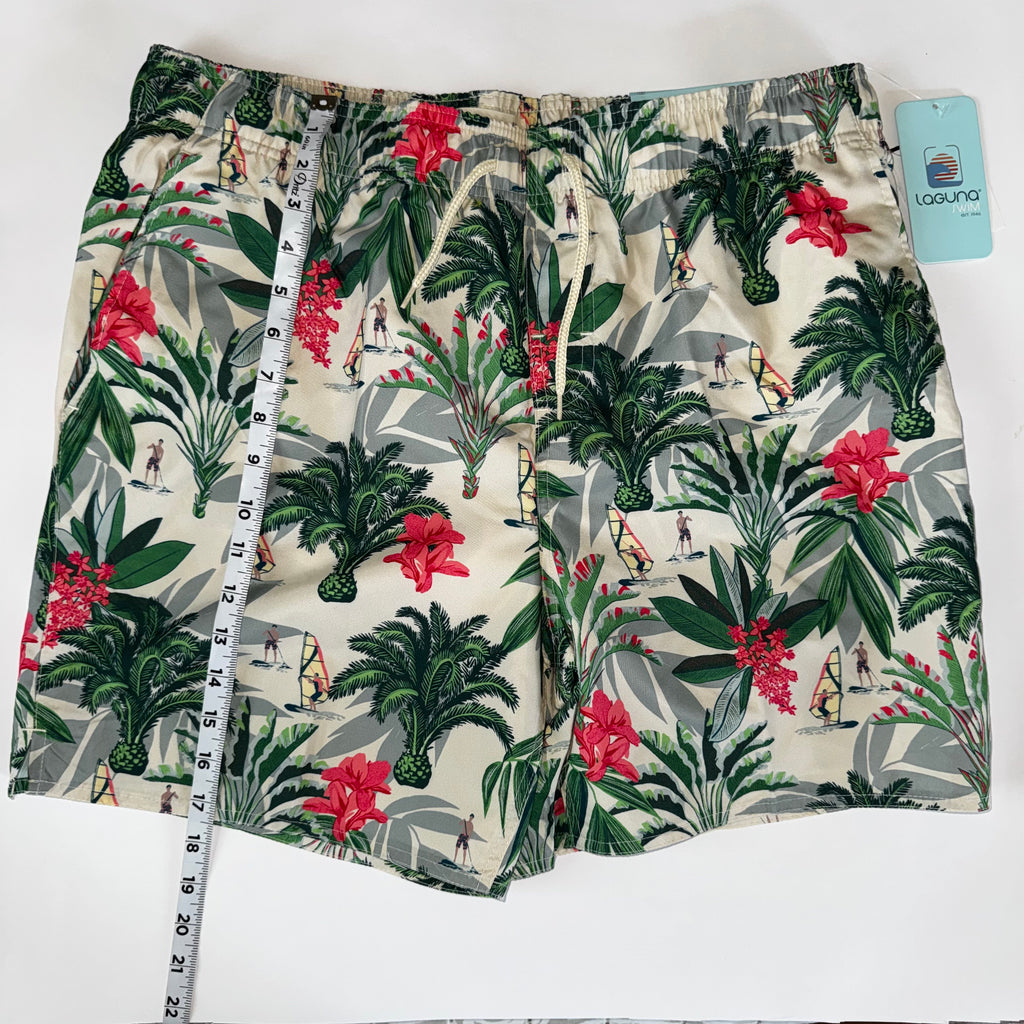 Laguna Men's Tropical Print Lined Swim Shorts with Palm Leaf and Windsurfer XL