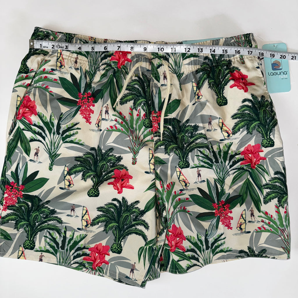 Laguna Men's Tropical Print Lined Swim Shorts with Palm Leaf and Windsurfer XL