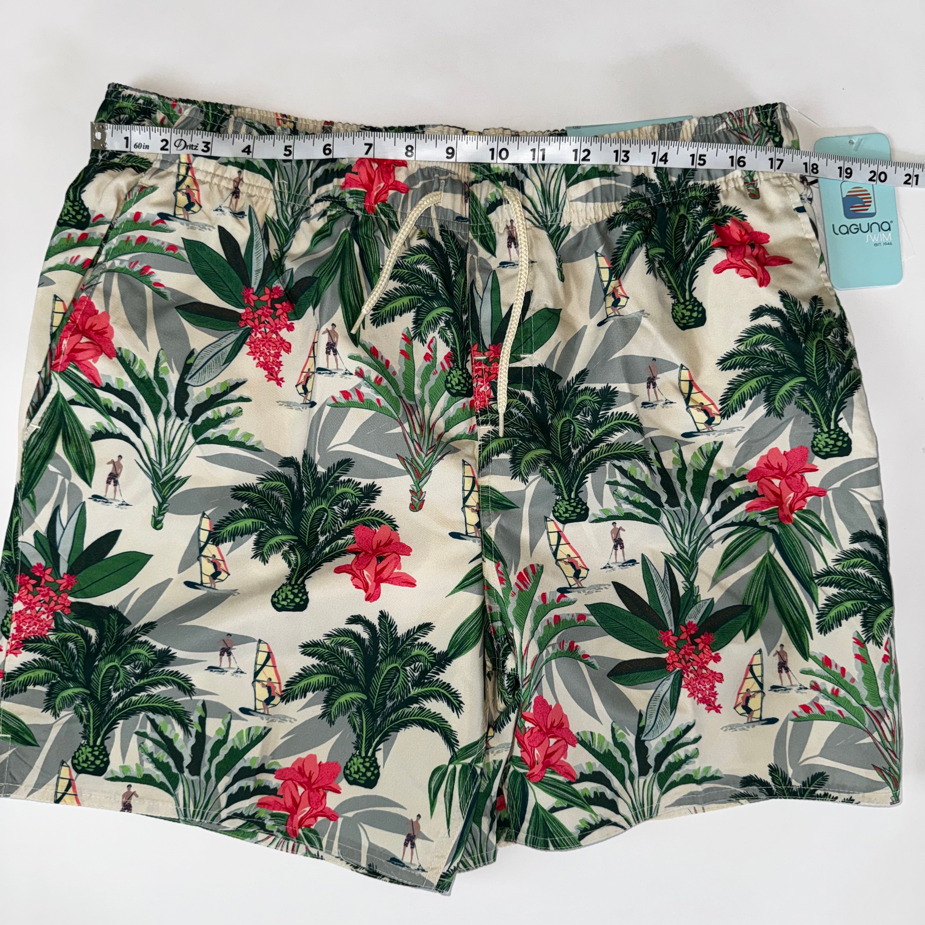 Laguna Men's Tropical Print Lined Swim Shorts with Palm Leaf and Windsurfer XL