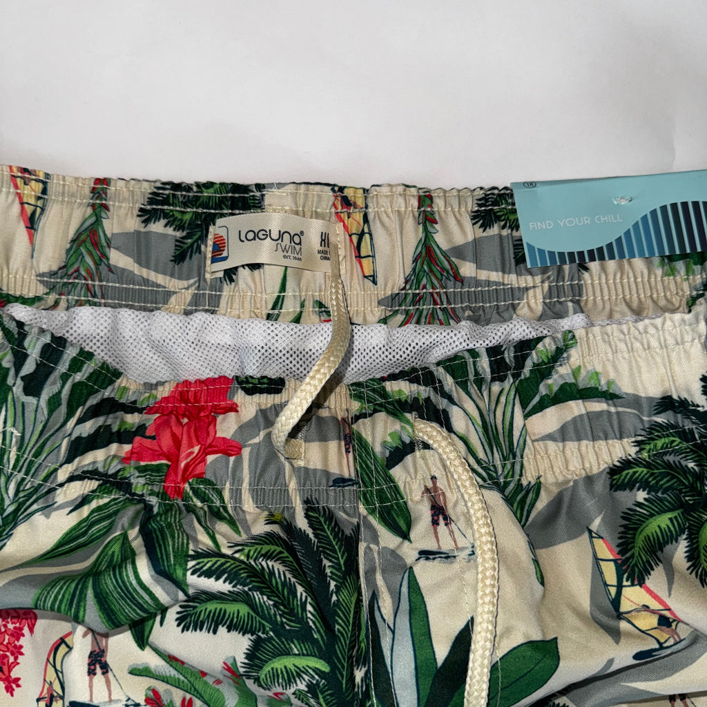Laguna Men's Tropical Print Lined Swim Shorts with Palm Leaf and Windsurfer XL