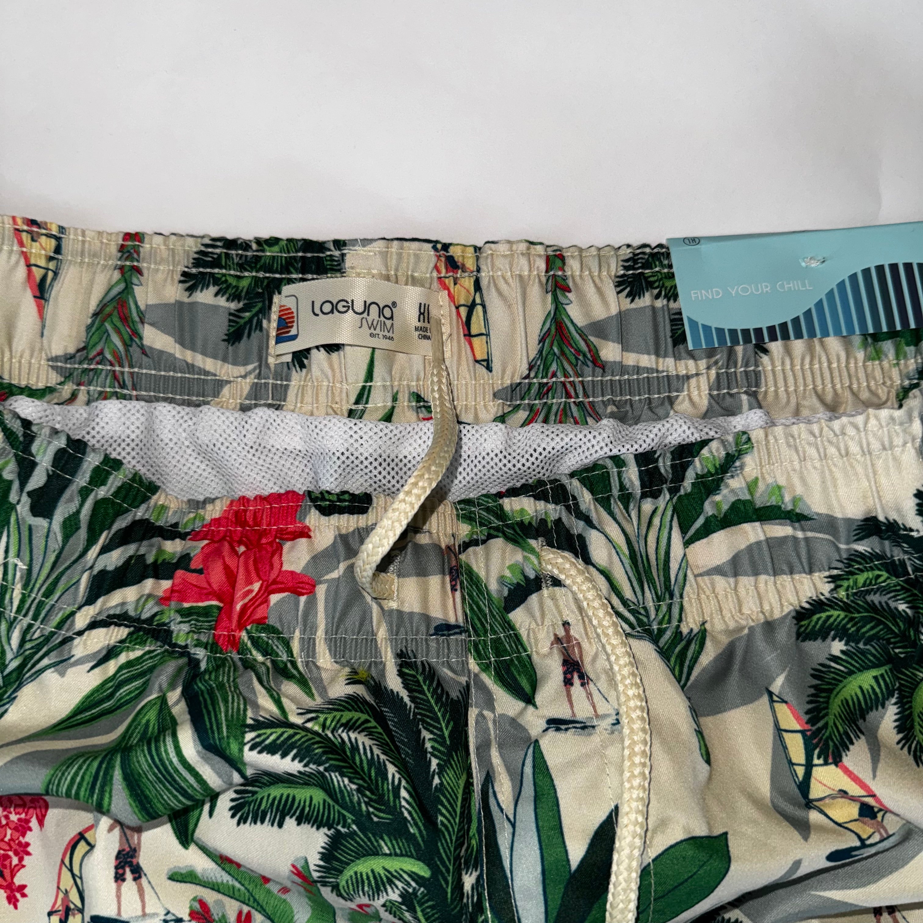 Laguna Men's Tropical Print Lined Swim Shorts with Palm Leaf and Windsurfer XL
