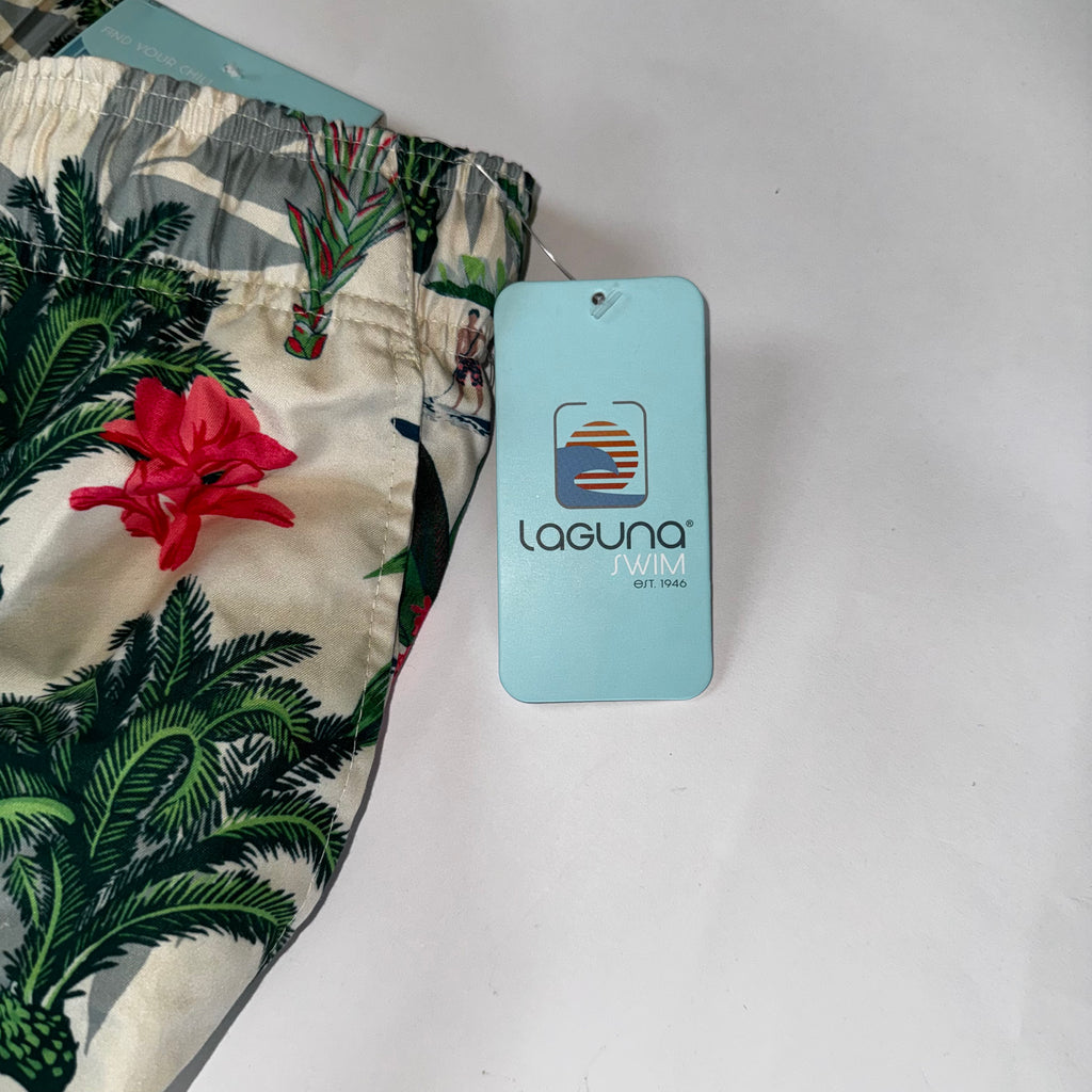 Laguna Men's Tropical Print Lined Swim Shorts with Palm Leaf and Windsurfer XL