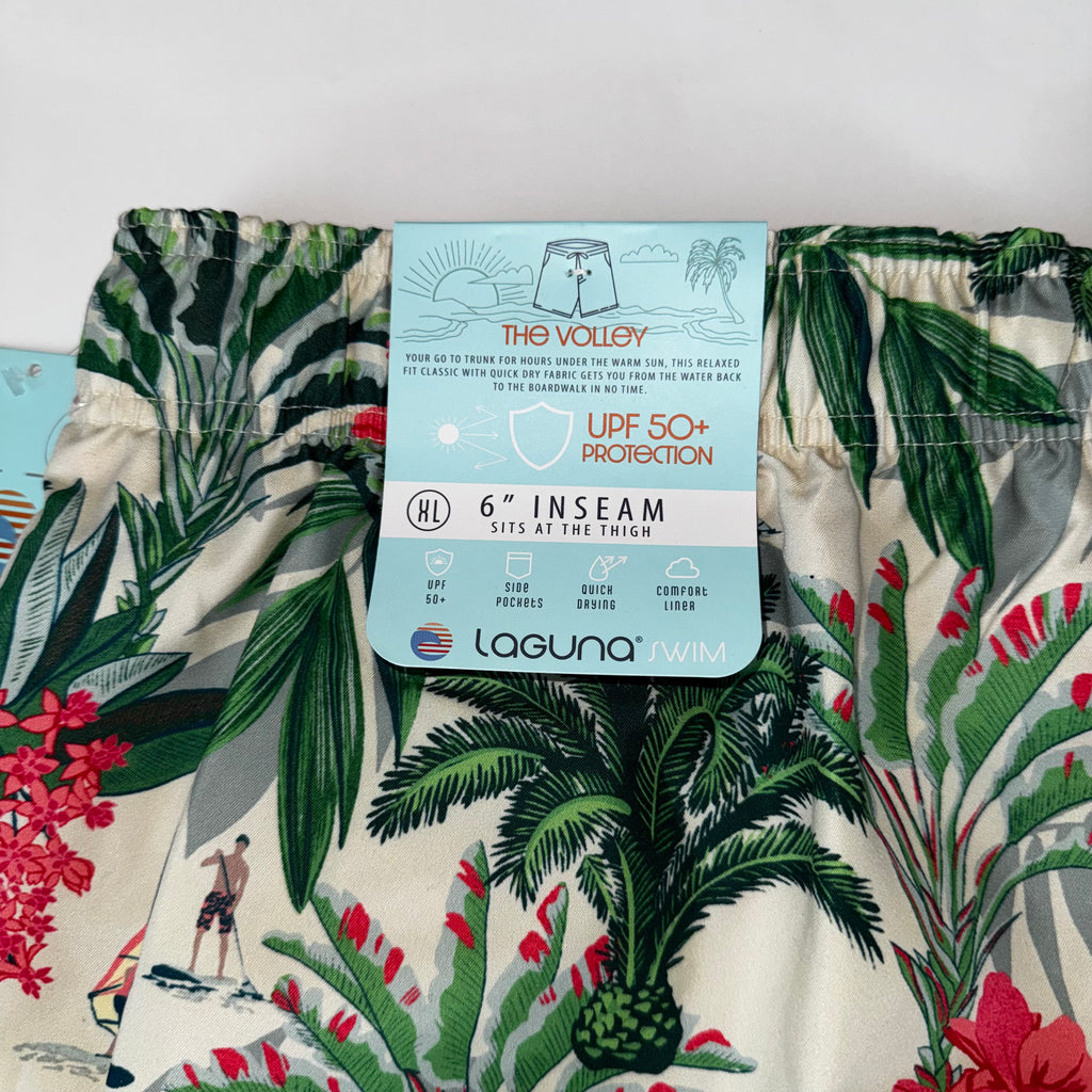 Laguna Men's Tropical Print Lined Swim Shorts with Palm Leaf and Windsurfer XL
