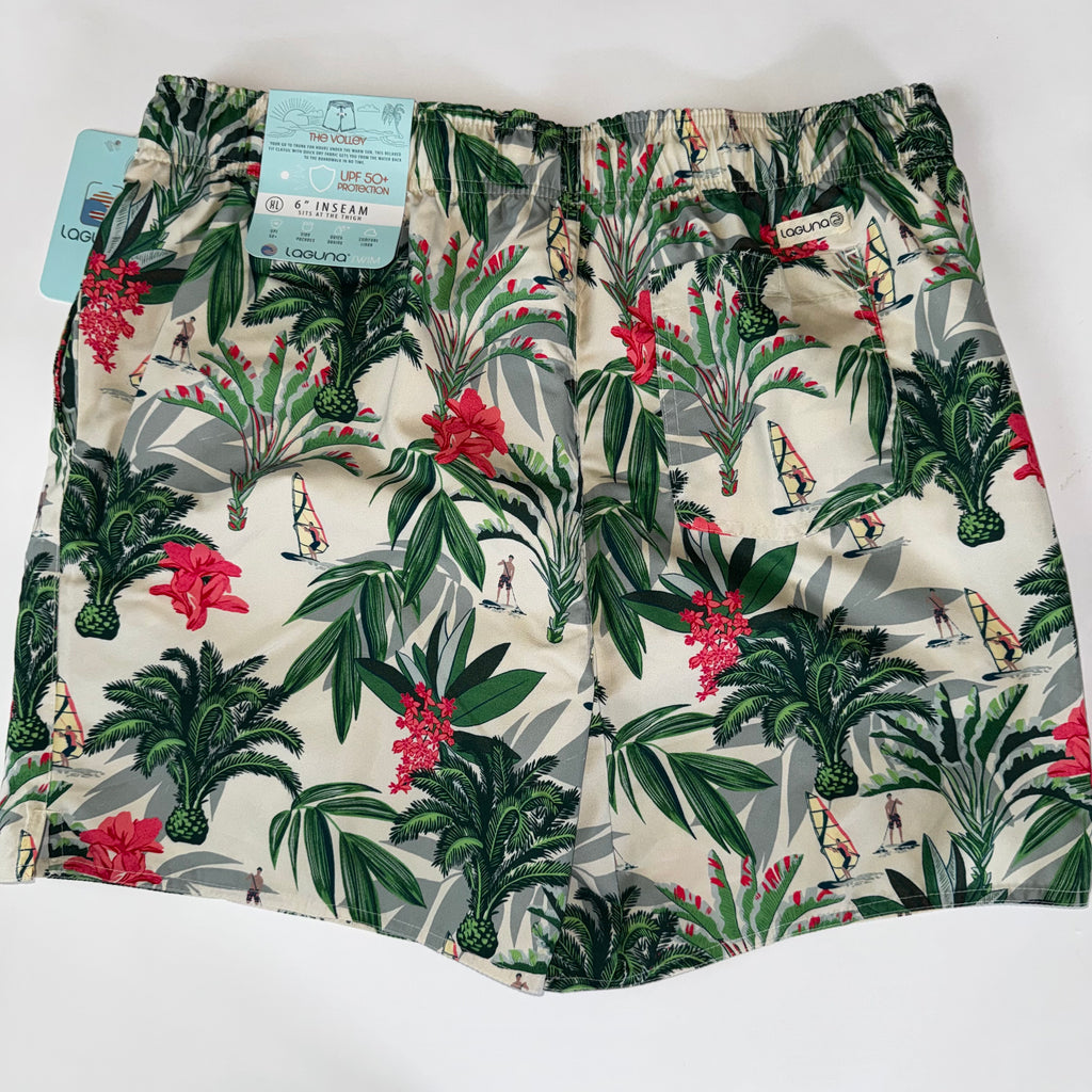 Laguna Men's Tropical Print Lined Swim Shorts with Palm Leaf and Windsurfer XL