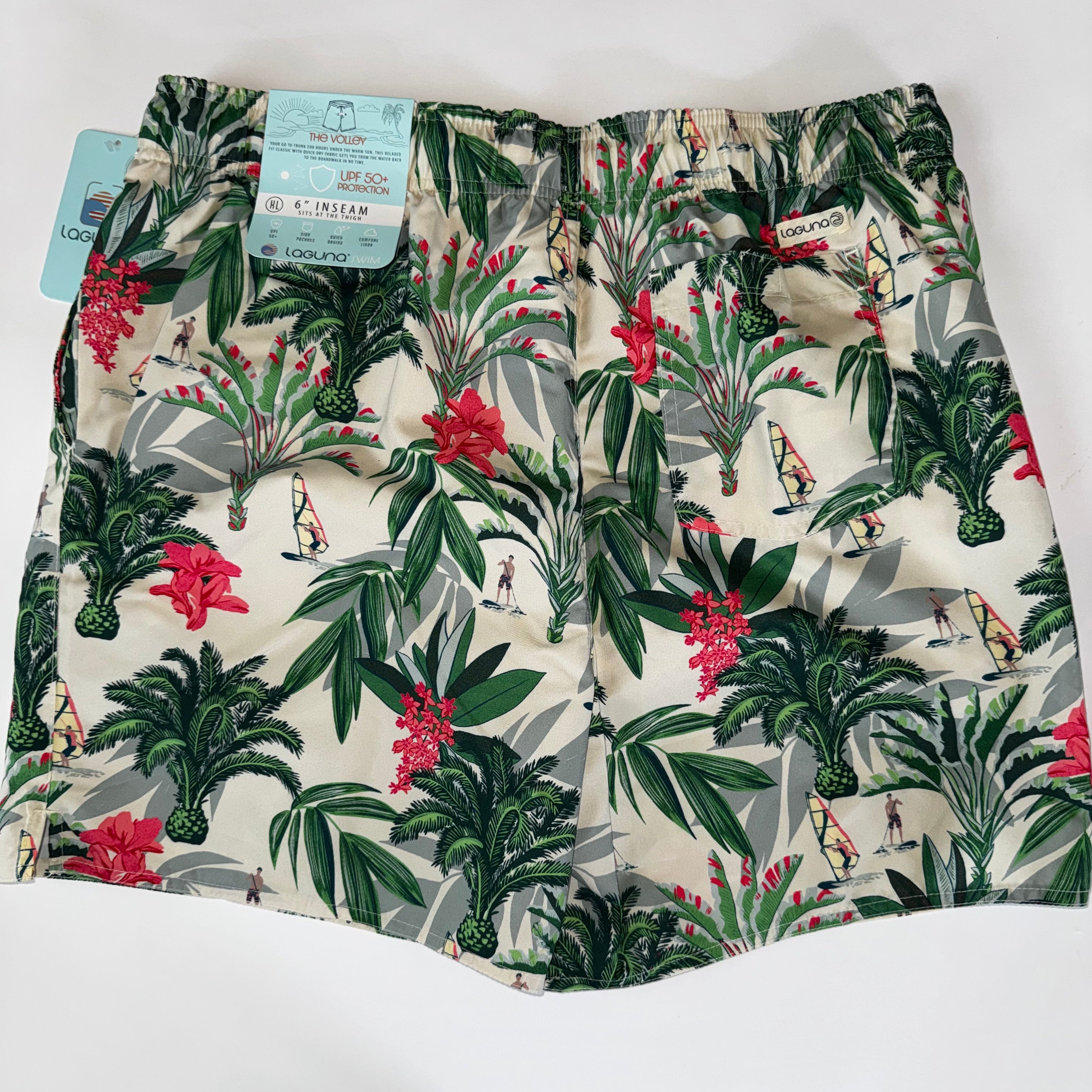 Laguna Men's Tropical Print Lined Swim Shorts with Palm Leaf and Windsurfer XL