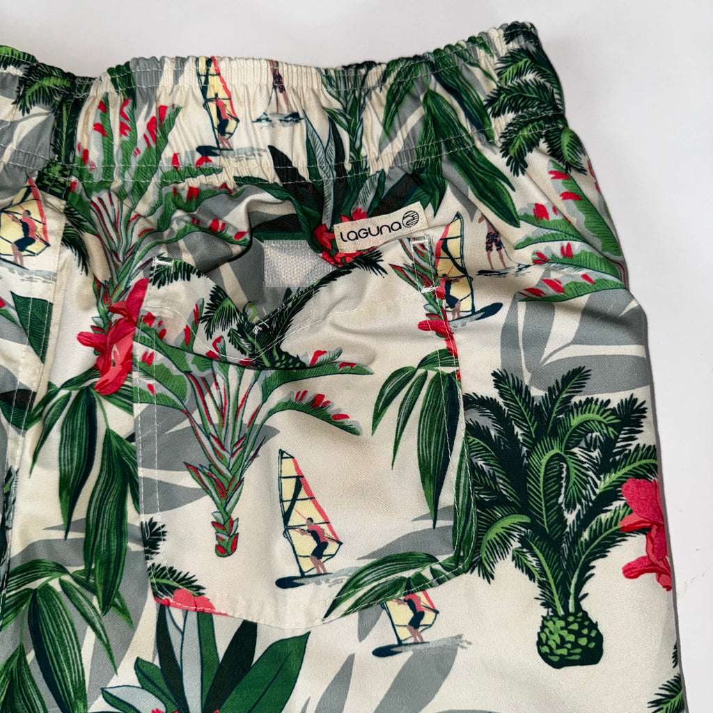 Laguna Men's Tropical Print Lined Swim Shorts with Palm Leaf and Windsurfer XL