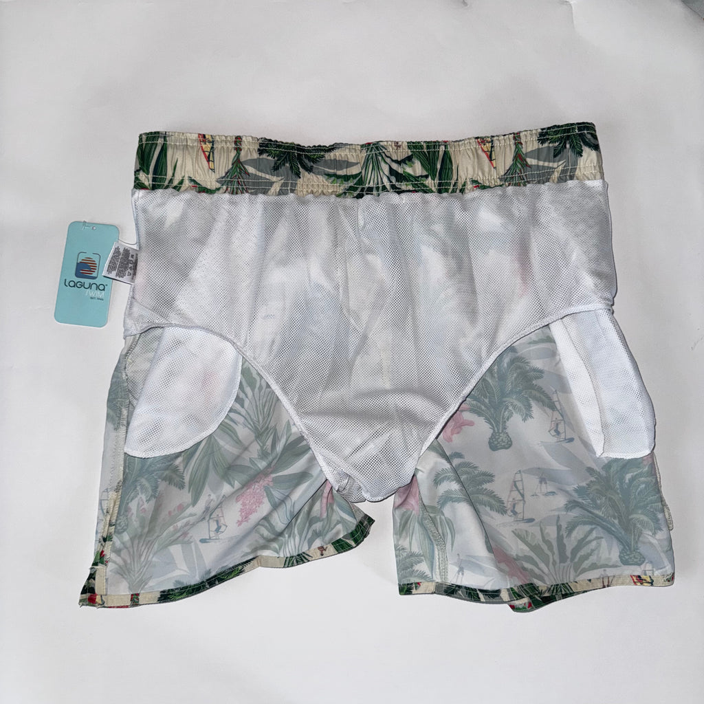 Laguna Men's Tropical Print Lined Swim Shorts with Palm Leaf and Windsurfer XL