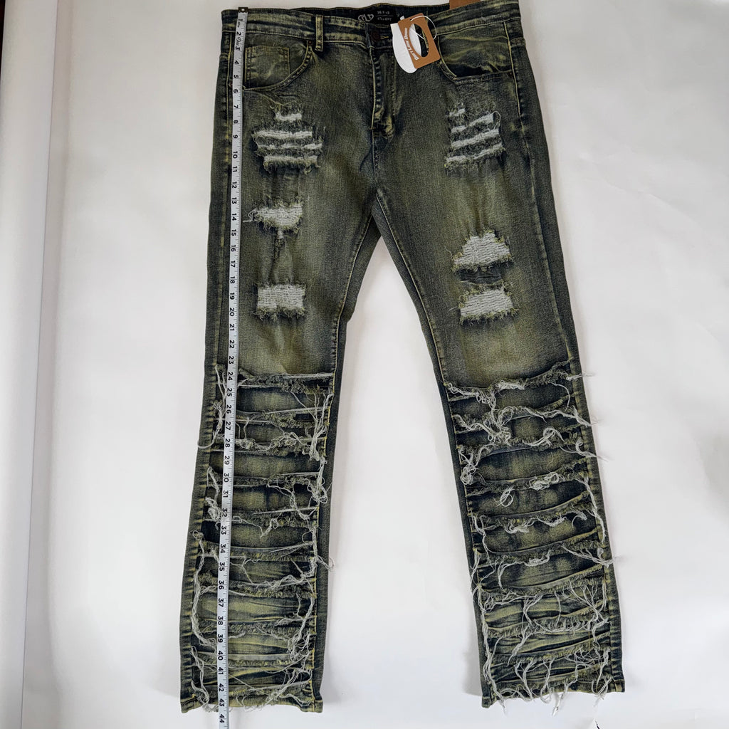 DLD Straight-Leg Jeans Yellow-Tinted Distressed Extensive Ripped Size 36x32