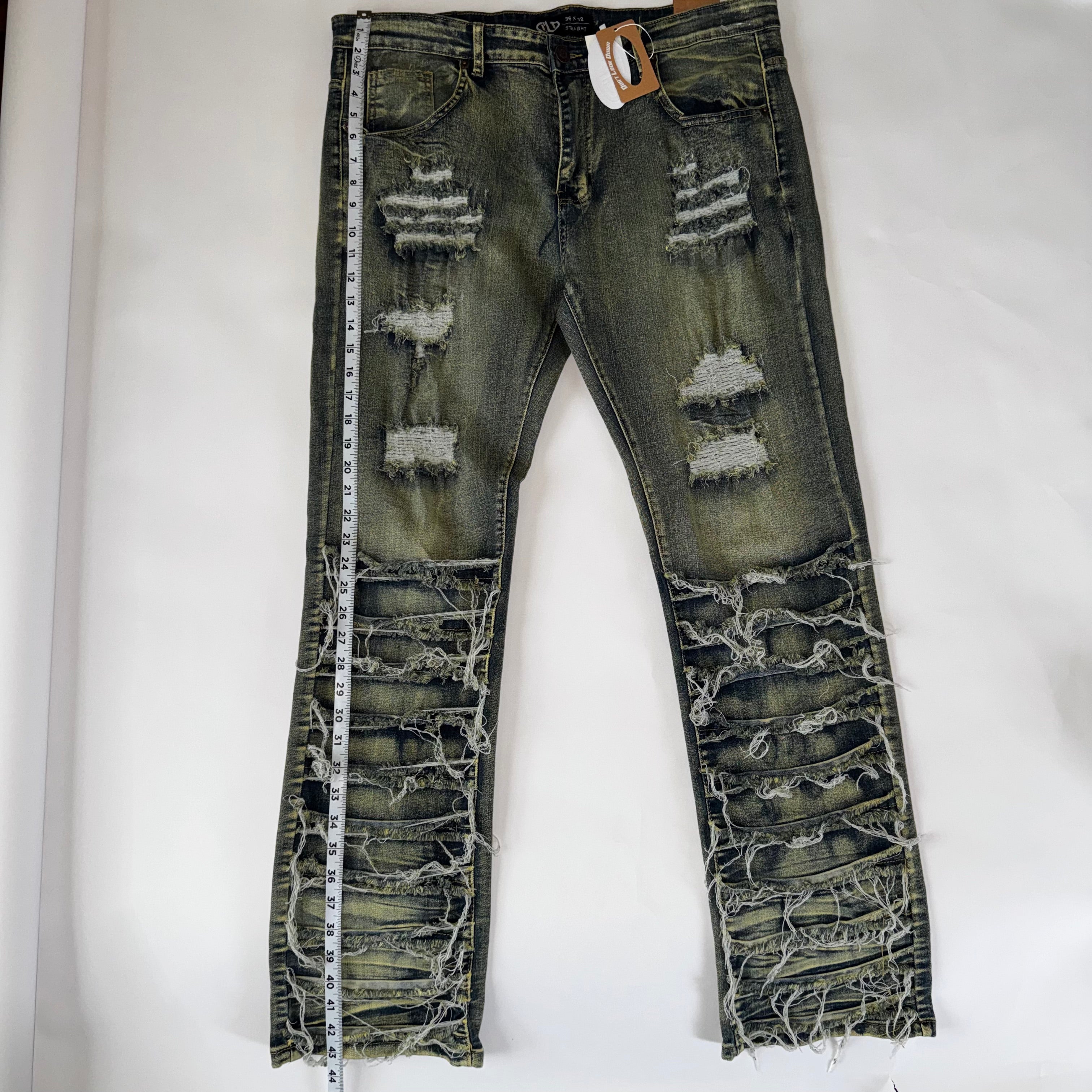 DLD Straight-Leg Jeans Yellow-Tinted Distressed Extensive Ripped Size 36x32