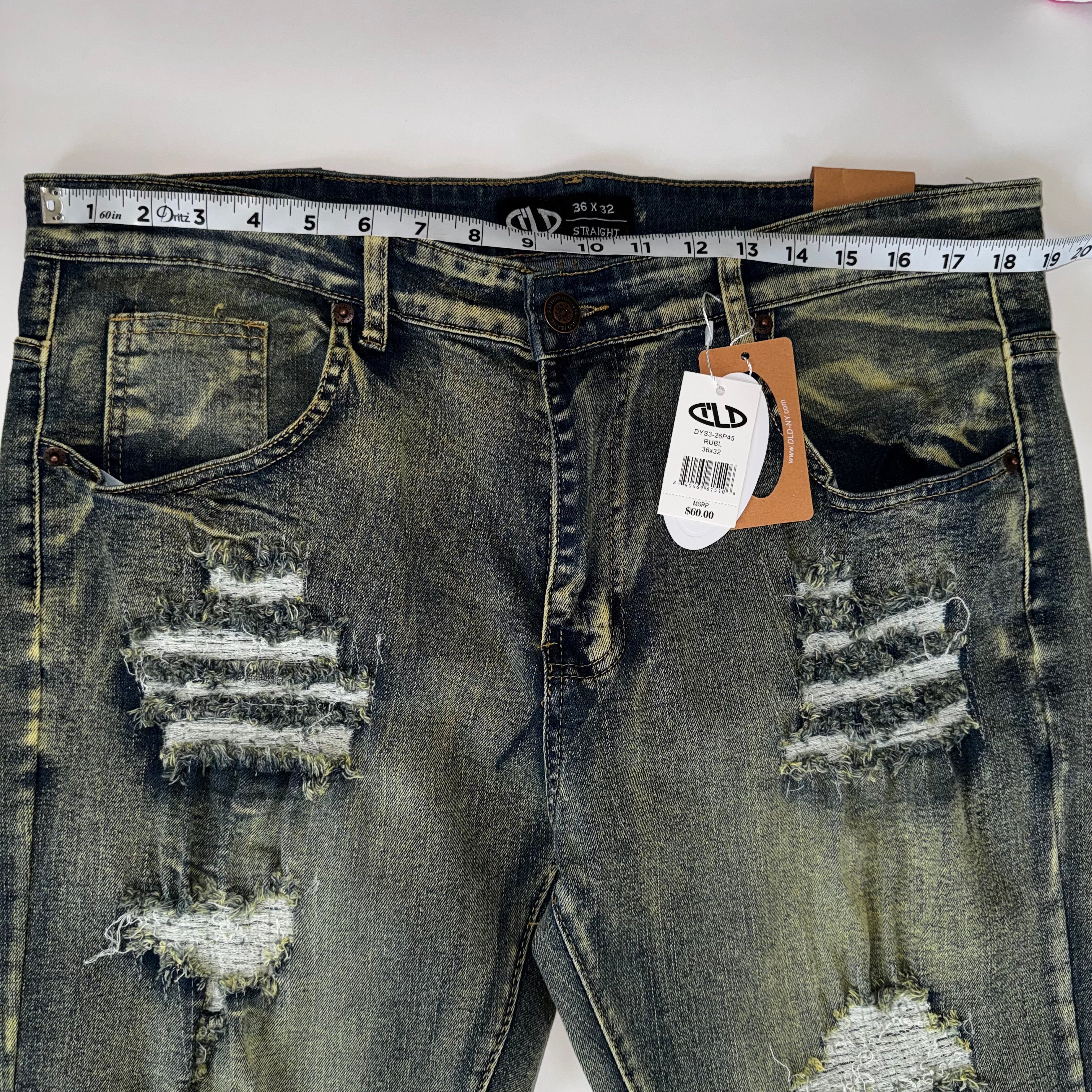 DLD Straight-Leg Jeans Yellow-Tinted Distressed Extensive Ripped Size 36x32