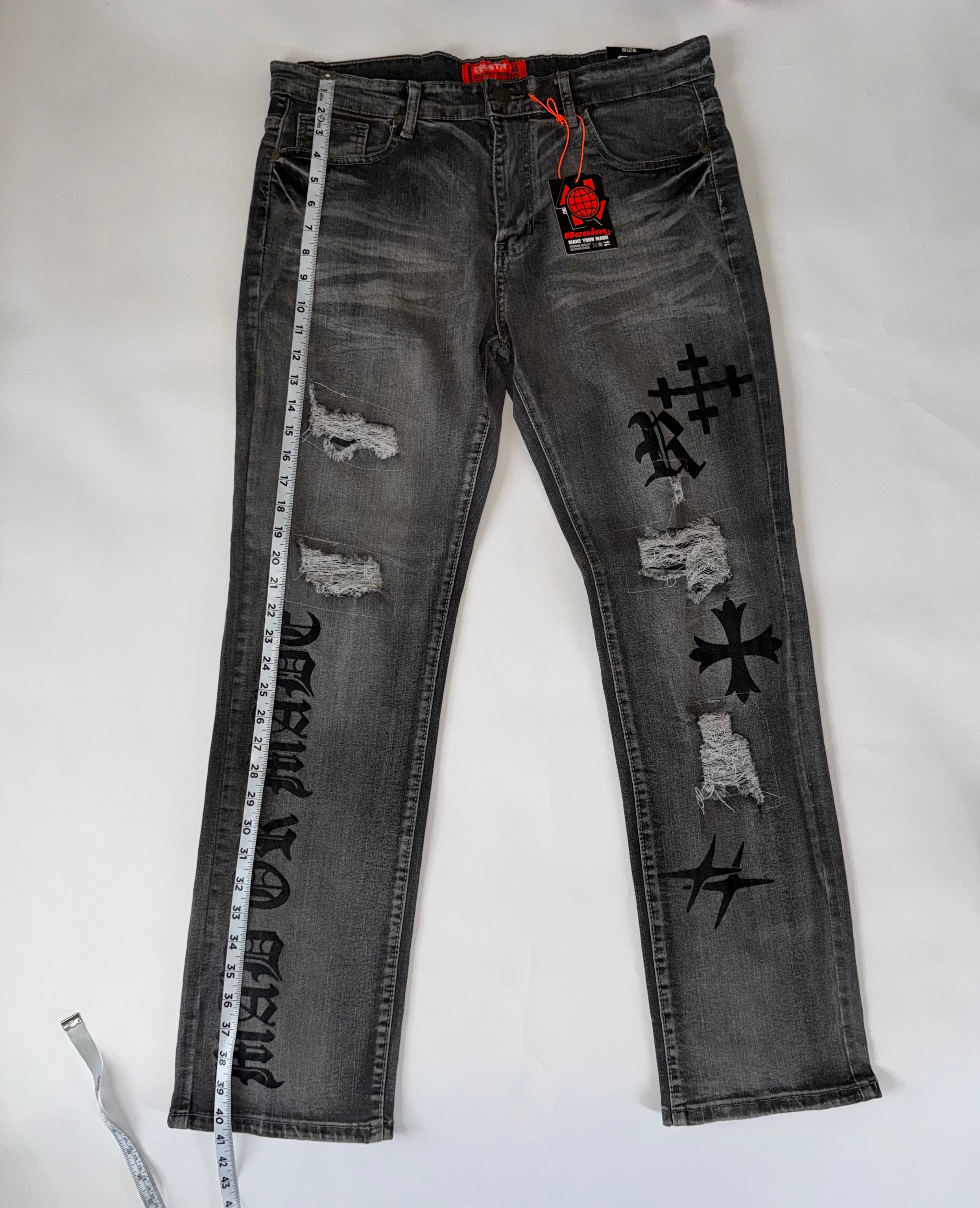 GSTR Distressed Denim With Patches and Graphic Designs, Gothic Style 34x32