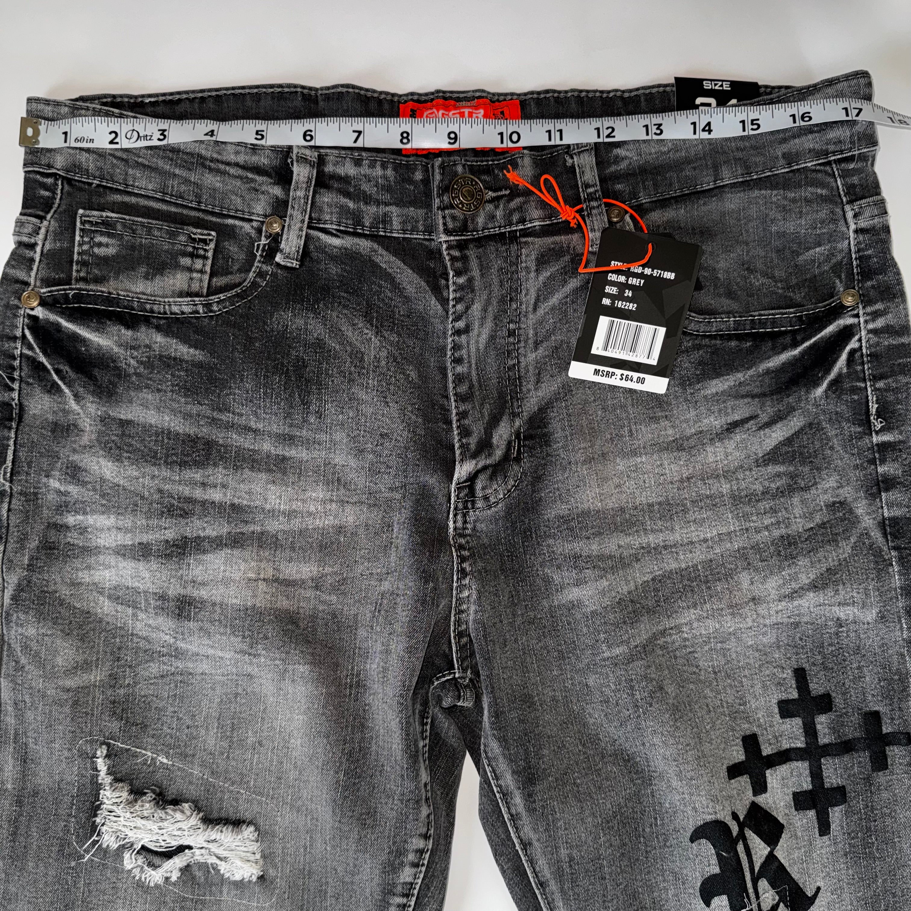 GSTR Distressed Denim With Patches and Graphic Designs, Gothic Style 34x32