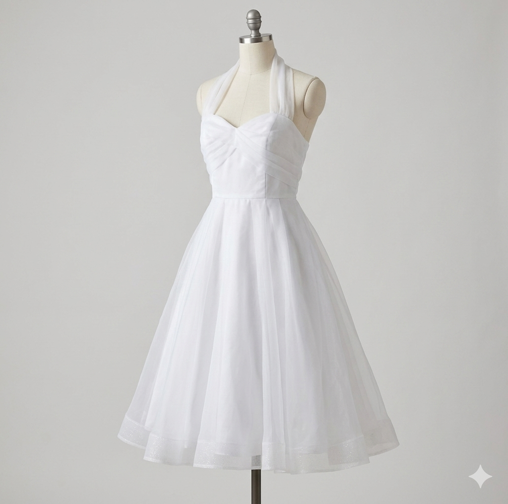 Wedding Dress White Satin and Tulle Halter Neck Tea-Lenght Size 16