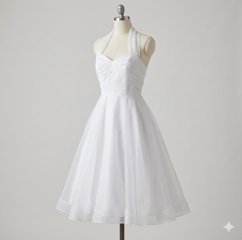 Wedding Dress White Satin and Tulle Halter Neck Tea-Lenght Size 16