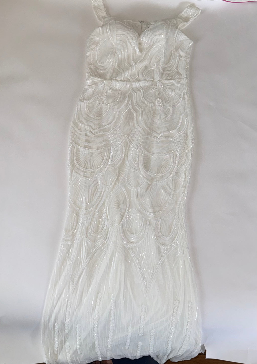 White Sequined Maxi Dress Mermaid Wedding Gown Off-Shoulder Neckline 1X