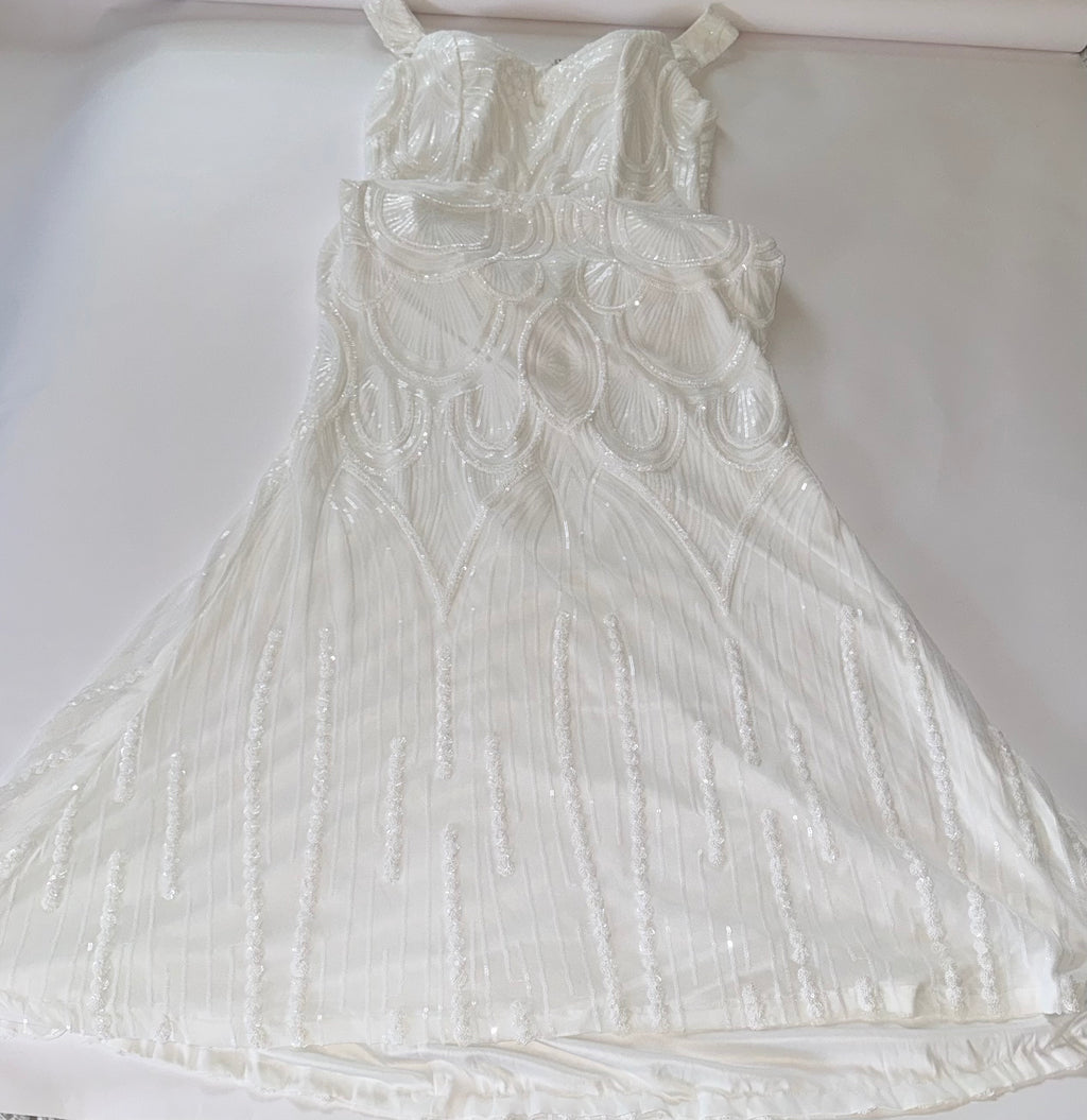 White Sequined Maxi Dress Mermaid Wedding Gown Off-Shoulder Neckline 1X