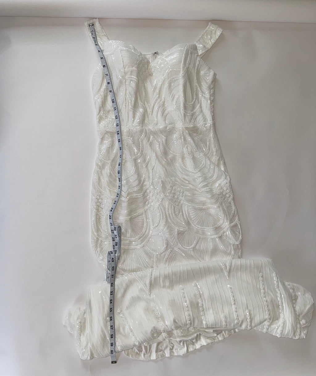 White Sequined Maxi Dress Mermaid Wedding Gown Off-Shoulder Neckline 1X
