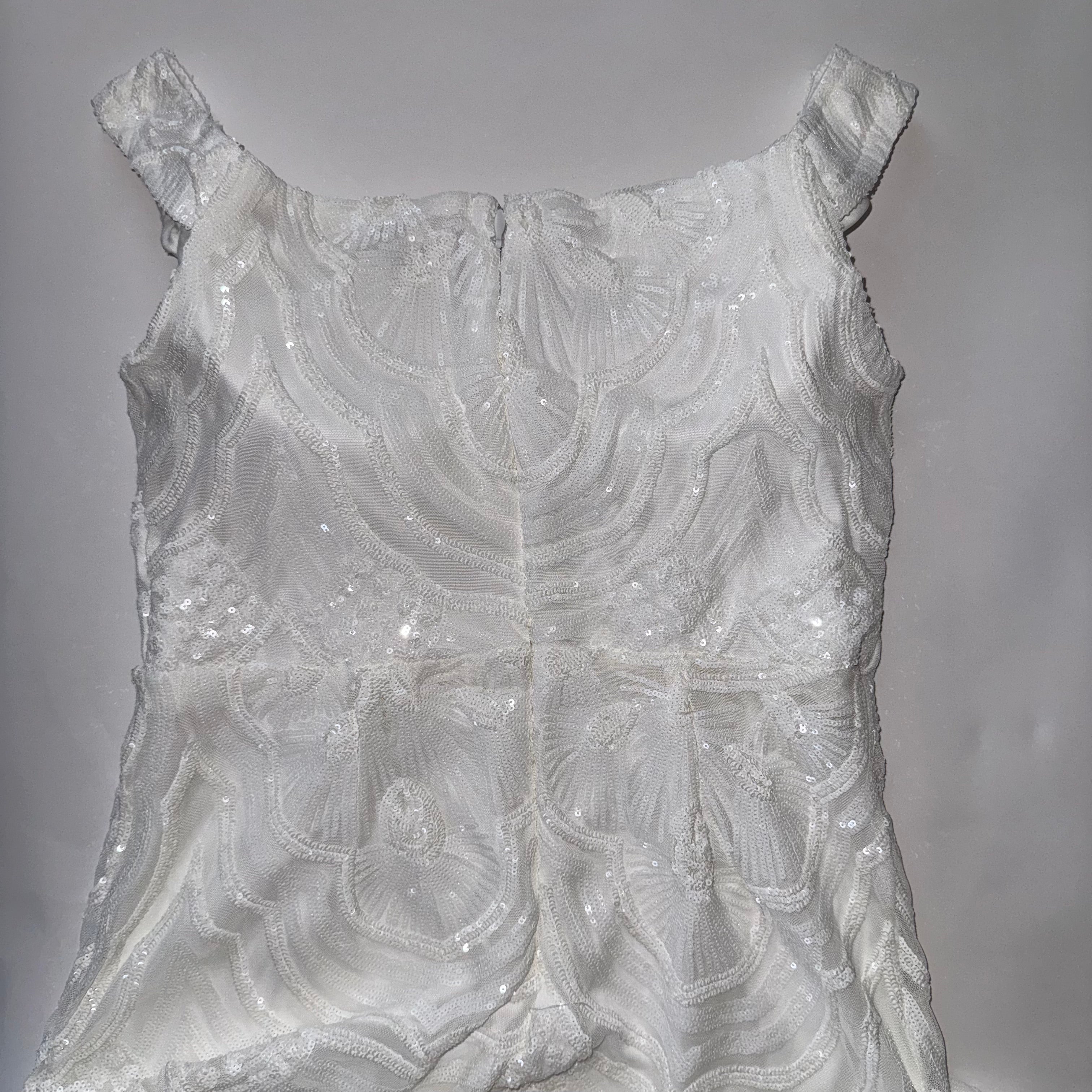 White Sequined Maxi Dress Mermaid Wedding Gown Off-Shoulder Neckline 1X