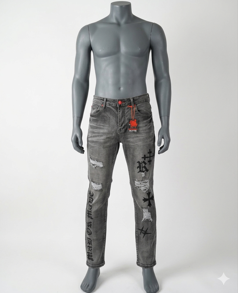 GSTR Distressed Denim With Patches and Graphic Designs, Gothic Style 34x32