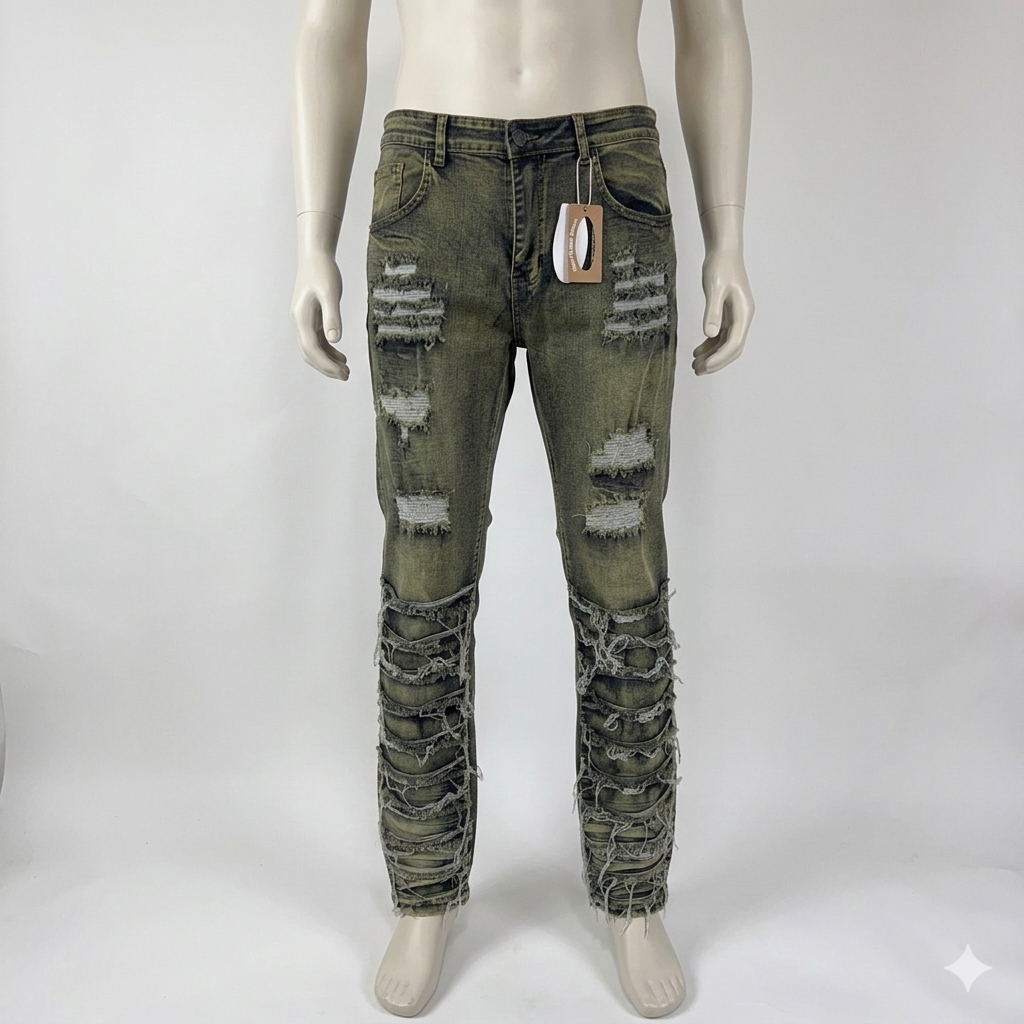 DLD Straight-Leg Jeans Yellow-Tinted Distressed Extensive Ripped Size 36x32