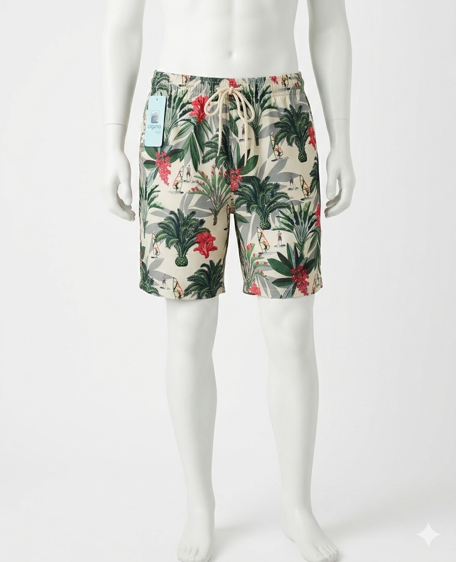 Laguna Men's Tropical Print Lined Swim Shorts with Palm Leaf and Windsurfer XL