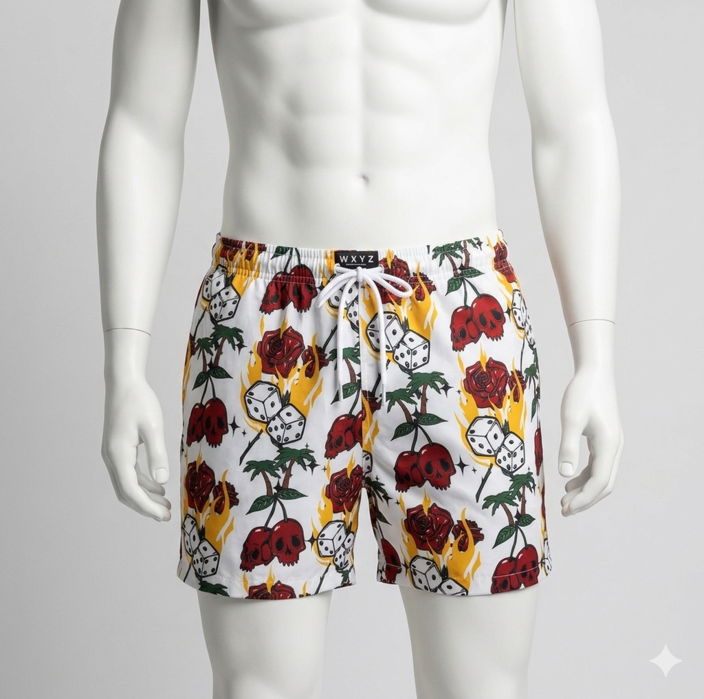 WXYZ Men's Skul,Flame, and Palm Tree Print Swim Trunks Short Size L