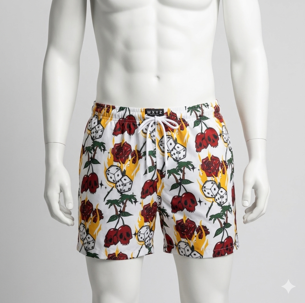 WXYZ Men's Skul,Flame, and Palm Tree Print Swim Trunks Short Size L