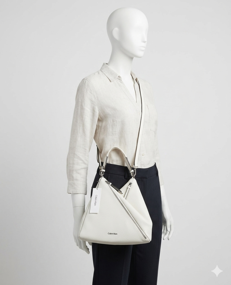 Calvin Klein Leather Geo Convertible Multi Zippered Hobo Bag White Silver Cross