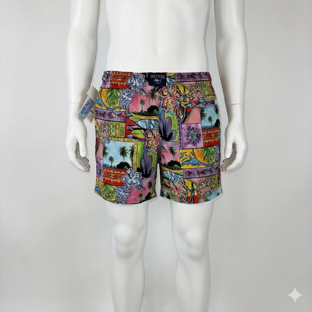 Spicy Tuna Swim Short/Trunks Mens Large Lined Palm Tree All over Water