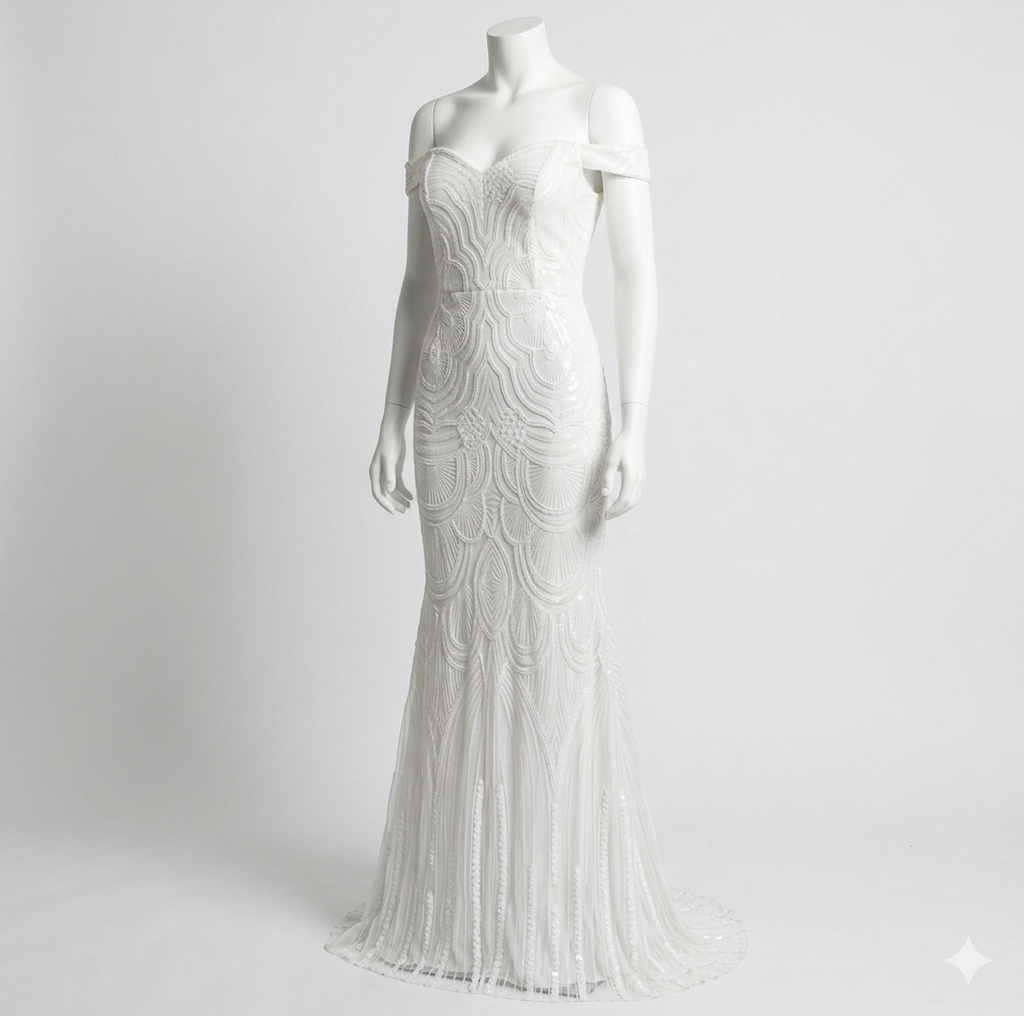 White Sequined Maxi Dress Mermaid Wedding Gown Off-Shoulder Neckline 1X