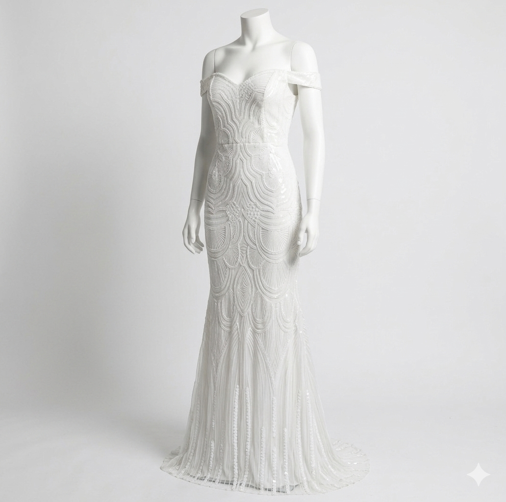 White Sequined Maxi Dress Mermaid Wedding Gown Off-Shoulder Neckline 1X