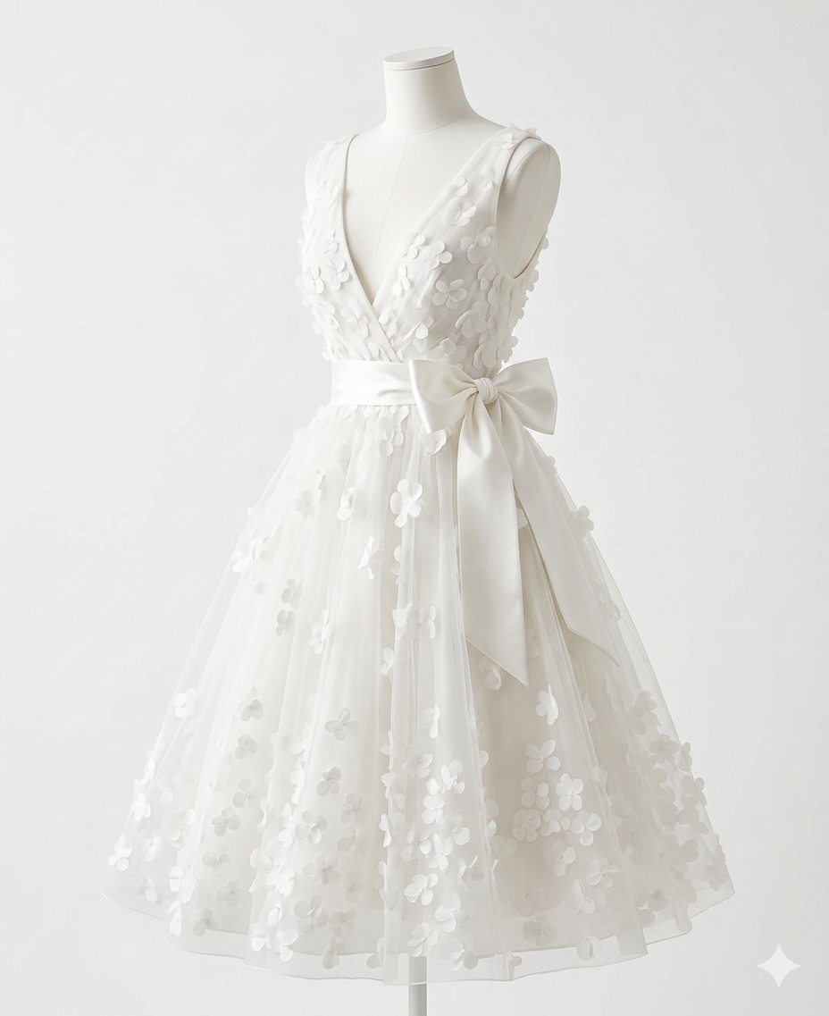 Wedding Dress White Tea-Lenght V- Neckline, Floral and Bow Waist Detail Size 1XL