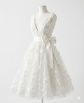 Wedding Dress White Tea-Lenght V- Neckline, Floral and Bow Waist Detail Size 1XL