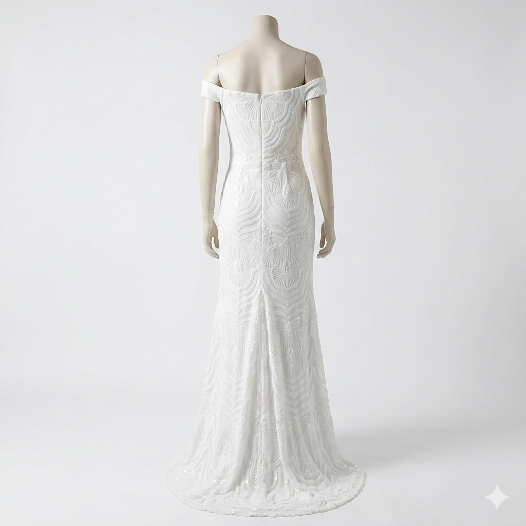 White Sequined Maxi Dress Mermaid Wedding Gown Off-Shoulder Neckline 1X