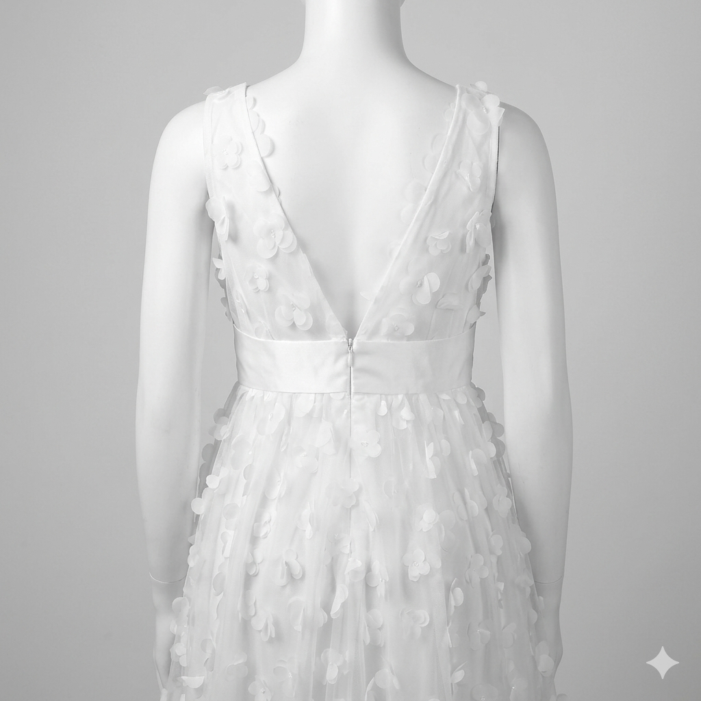 Wedding Dress White Tea-Lenght V- Neckline, Floral and Bow Waist Detail Size 1XL