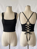 Women's Lace Up Back Crop Cami Top ,Color Black,Size L