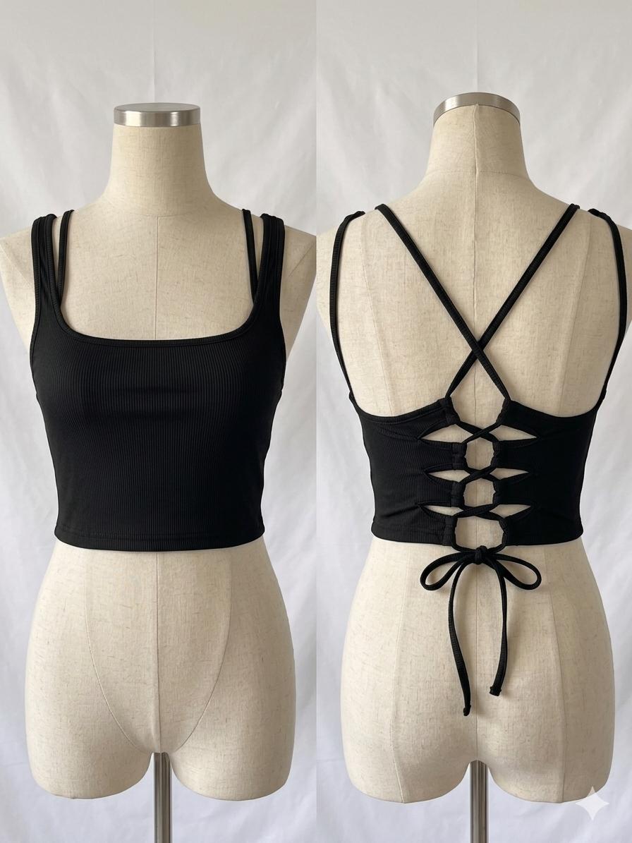 Women's Lace Up Back Crop Cami Top ,Color Black,Size L