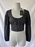 Women's Black Puff Sleeve Detail Crop Top-16,Size 12, Prettylittlething
