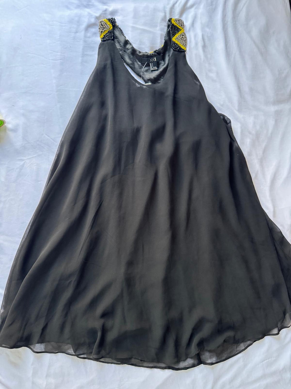 Forever 21 Sleeveless Black Tunic Dress with Beautiful Shoulder, Beading, Size L