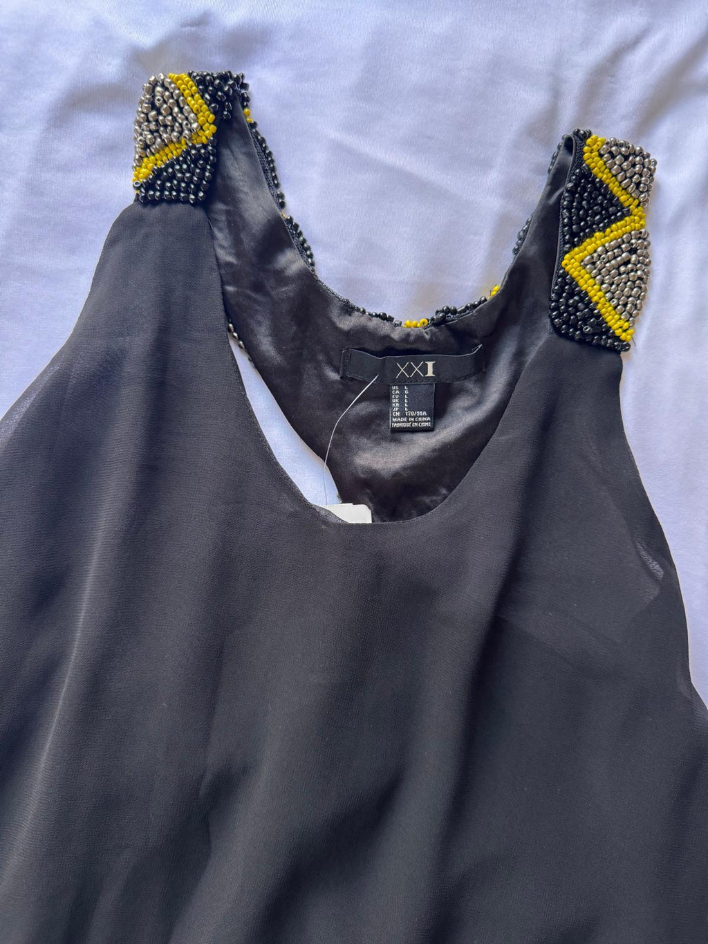 Forever 21 Sleeveless Black Tunic Dress with Beautiful Shoulder, Beading, Size L