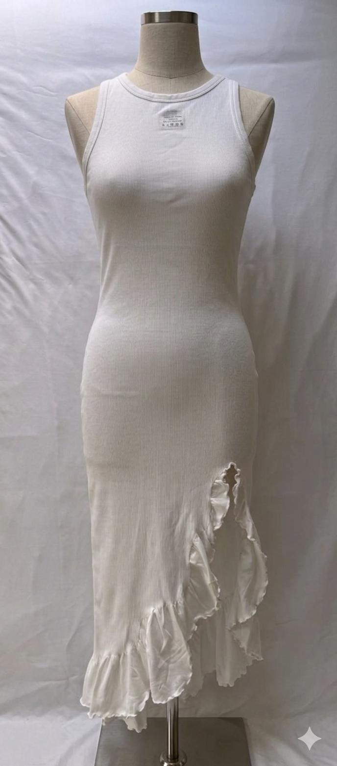 OQQ Ribbed Asymmetrical Ruffle Dress Women's Size XL,Color White