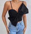 Chiquease Big Bow Front Shirred Black Crop Cami Top,Size L
