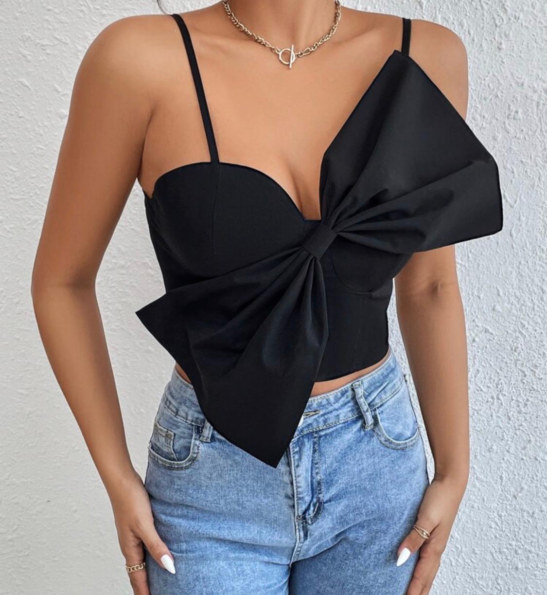 Chiquease Big Bow Front Shirred Black Crop Cami Top,Size L