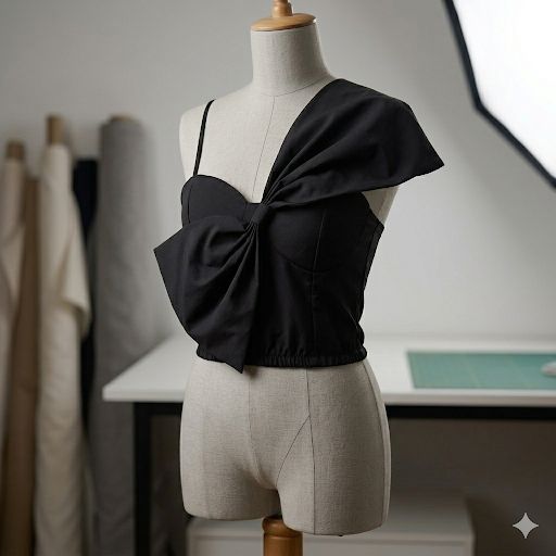 Chiquease Big Bow Front Shirred Black Crop Cami Top,Size L