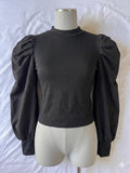 Women's Puff Sleeve Tops Crewneck Slim Fit Party Blouse, Size L