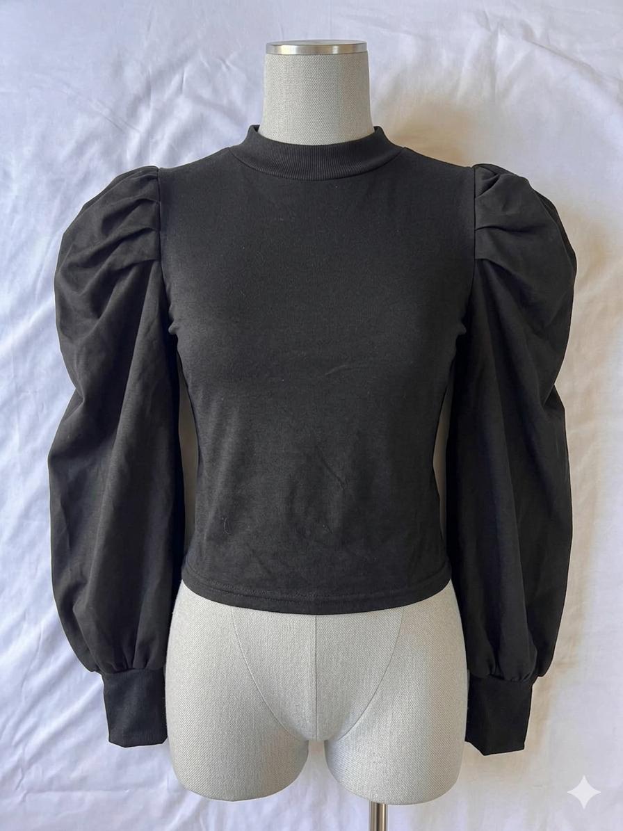 Women's Puff Sleeve Tops Crewneck Slim Fit Party Blouse, Size L