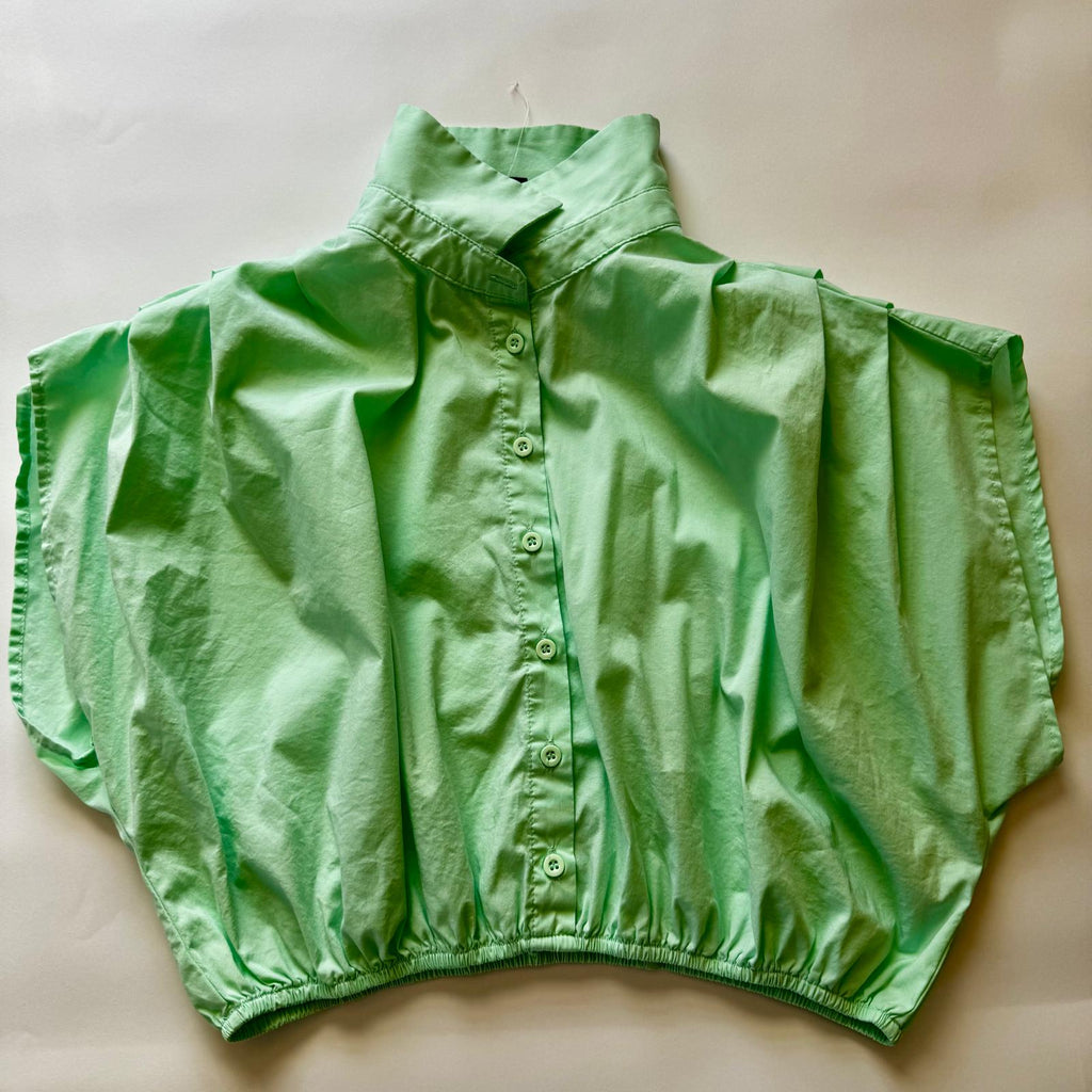 Forever 21 Short-Sleeve Button Blouse Light green,Elasticized Waistband, Size L