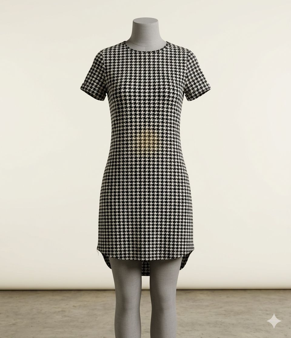 Houndstooth Print Fitted Dress, Suitable For Commuting,Size XXL