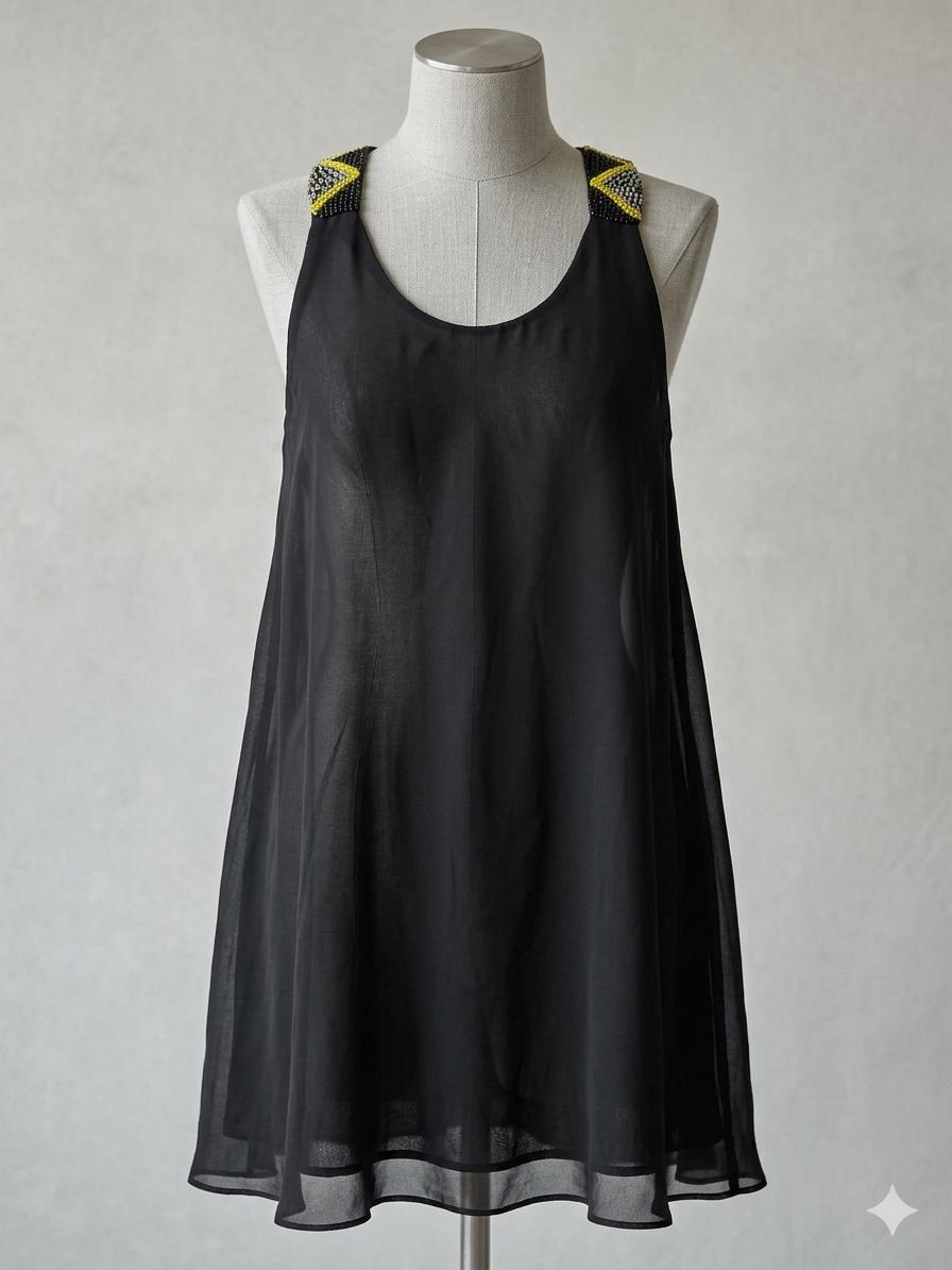 Forever 21 Sleeveless Black Tunic Dress with Beautiful Shoulder, Beading, Size L