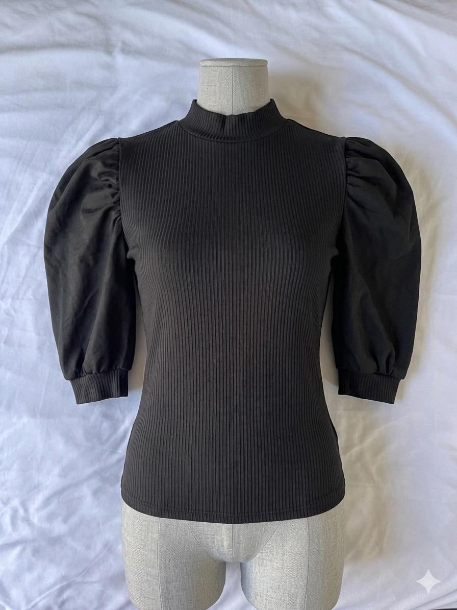 Women's Puff Sleeve Tops Crewneck Ribbed Slim Fit Party Blouse, Size XL